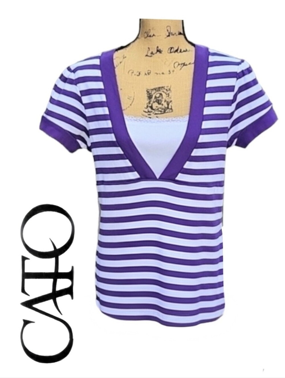 NEW Cato Cotton Blend Striped Top with Faux Tank